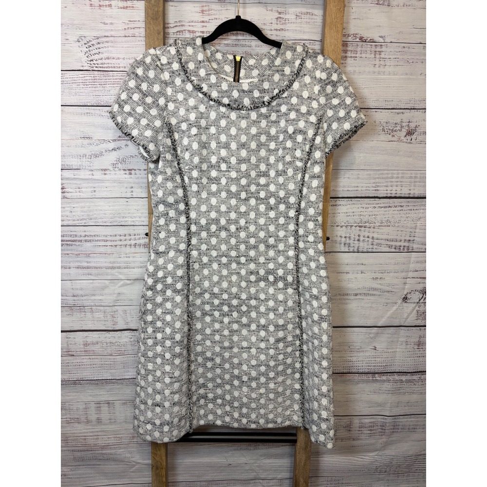 Sara Campbell Womens Polka Dot Tweed‎ Shift Dress Gray White Fringe Size 6 USA